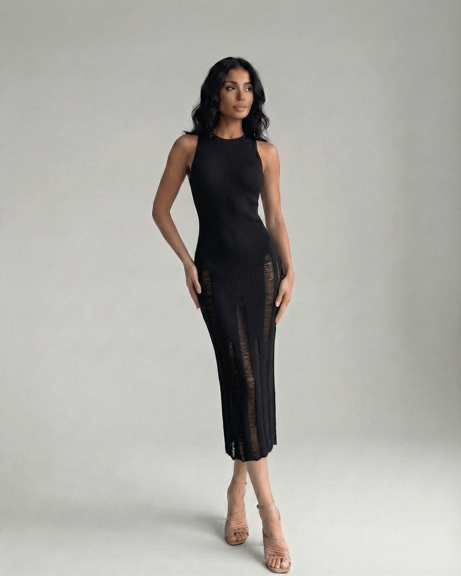 Orion Midi Dress - Black bodycon dress with sleeveless silhouette, modern minimalism by Lauven, enhances natural silhouette.