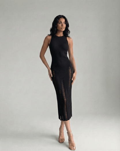Orion Midi Dress - Black bodycon dress with sleeveless silhouette, modern minimalism by Lauven, enhances natural silhouette.