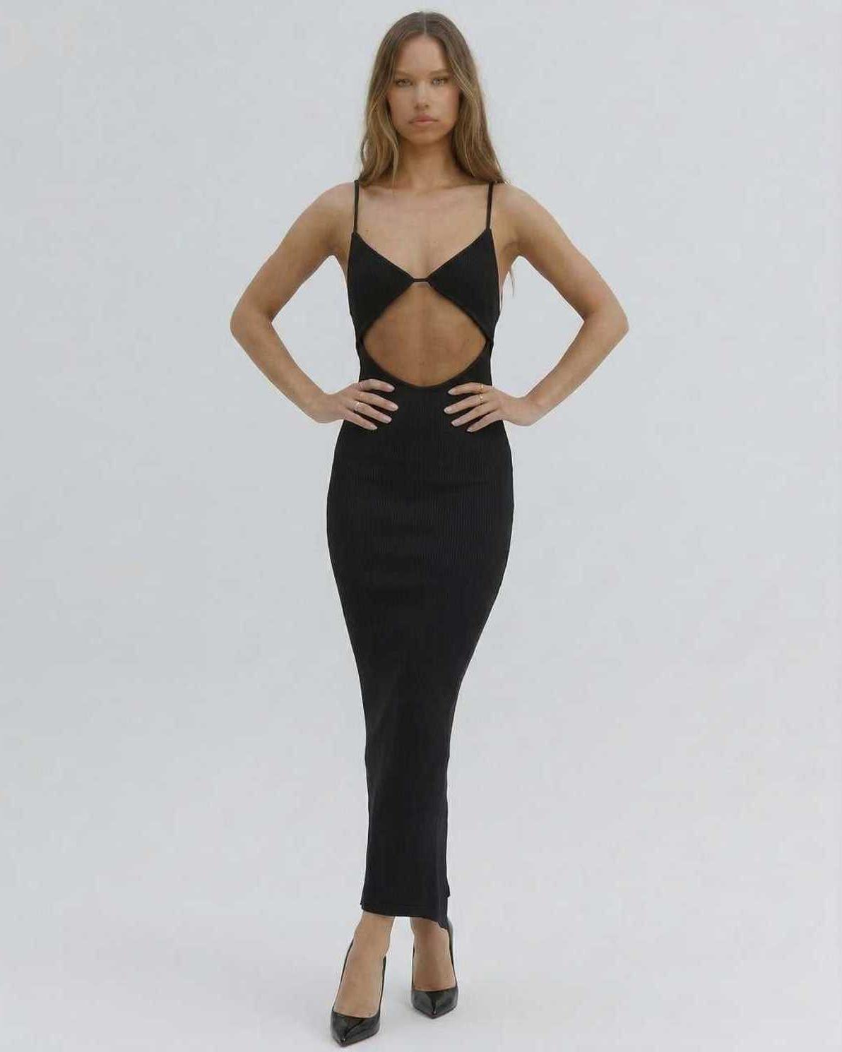 Orion Midi Dress by Lauven – Sexy cut-out V-neck silhouette in black for a stylish club-ready look.