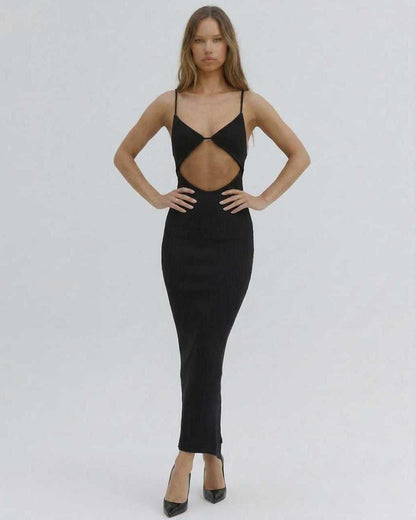 Orion Midi Dress by Lauven – Sexy cut-out V-neck silhouette in black for a stylish club-ready look.