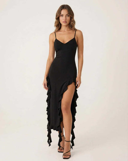 Orion Midi Dress by Lauven featuring elegant ruffle details and a sleek silhouette in black.