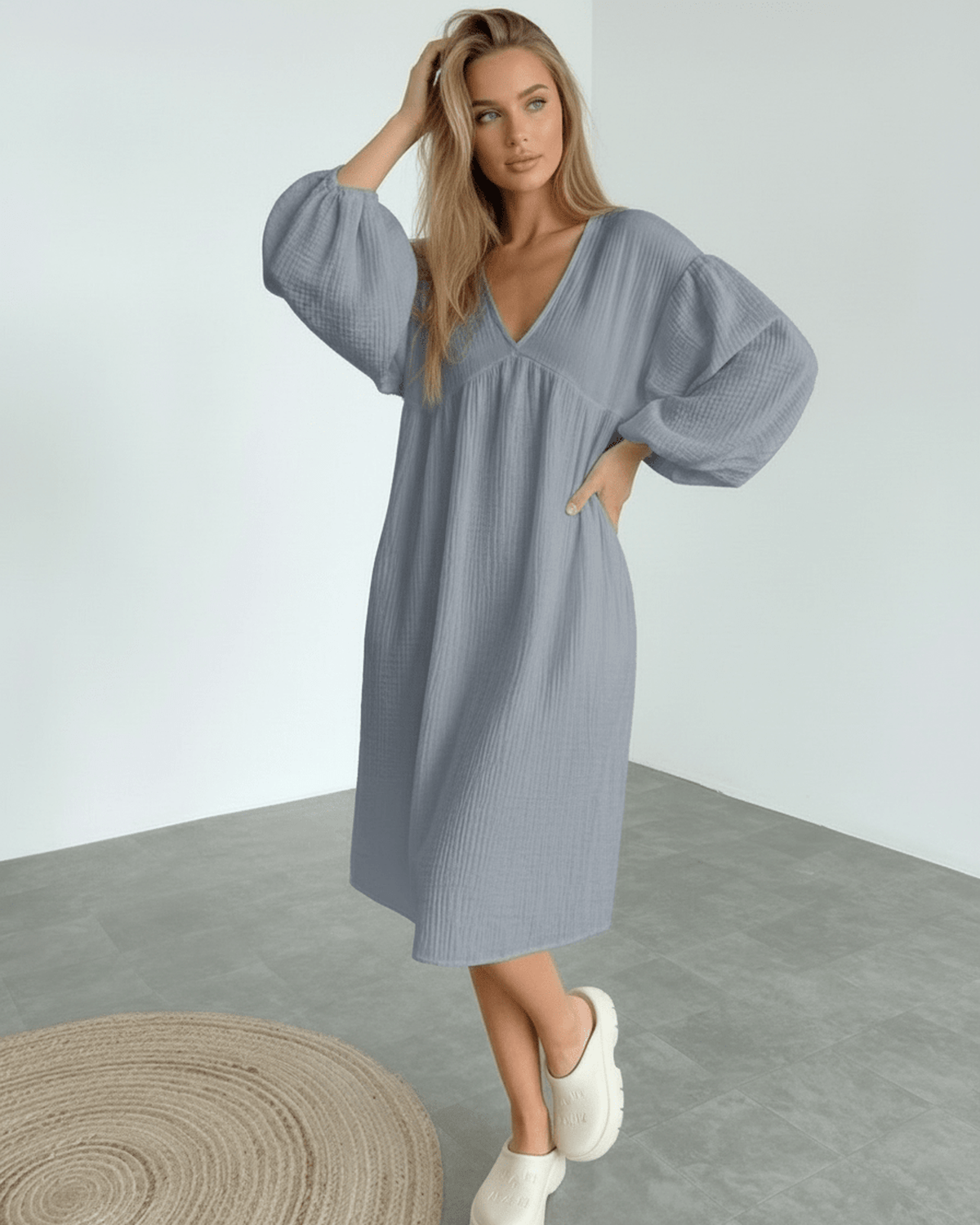 Orion Midi Dress - Gray cotton midi dress with puff sleeves from Lauven, offering modern elegance and all-day comfort.