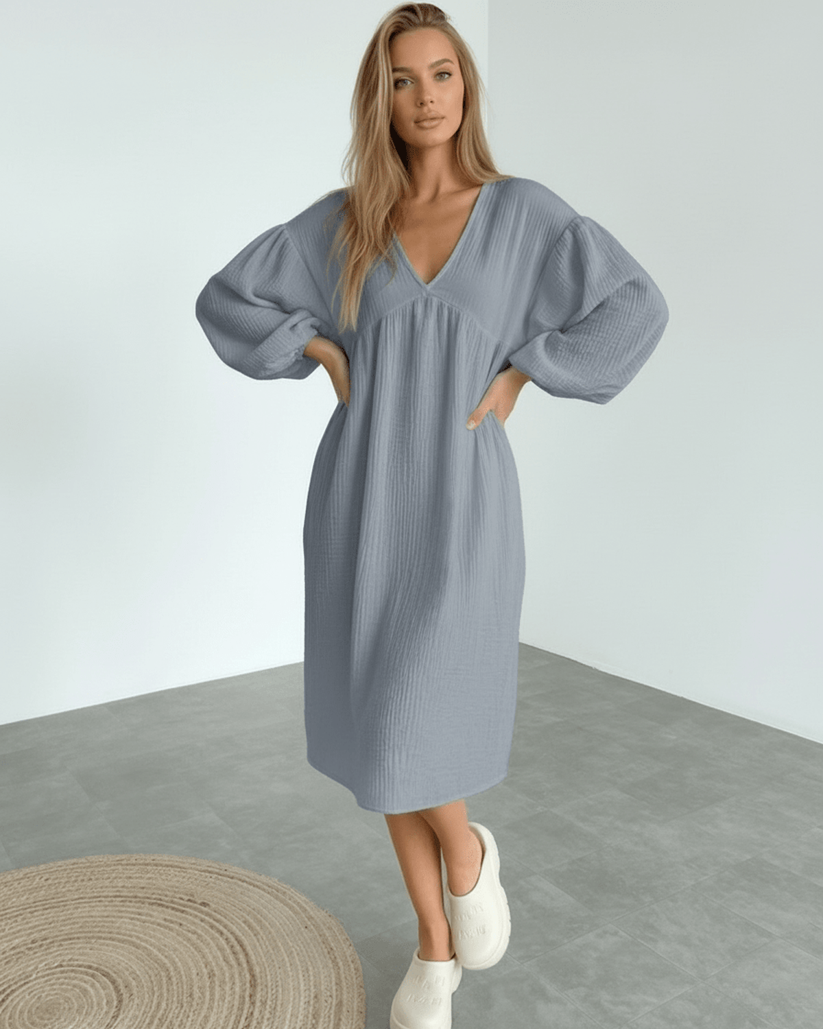 Orion Midi Dress in gray cotton with puff sleeves, showcasing modern design and all-day comfort by Lauven.