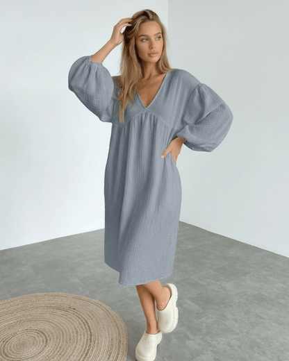 Orion Midi Dress in gray cotton with puff sleeves, modern design, and comfort by Lauven.