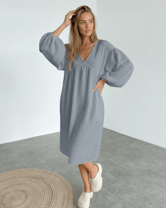 Orion Midi Dress in gray cotton with puff sleeves, modern design, and comfort by Lauven.