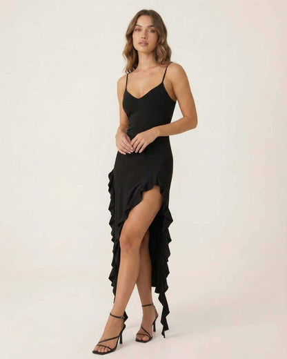 Orion Midi Dress by Lauven featuring elegant ruffle details and a flattering slim fit silhouette in black.