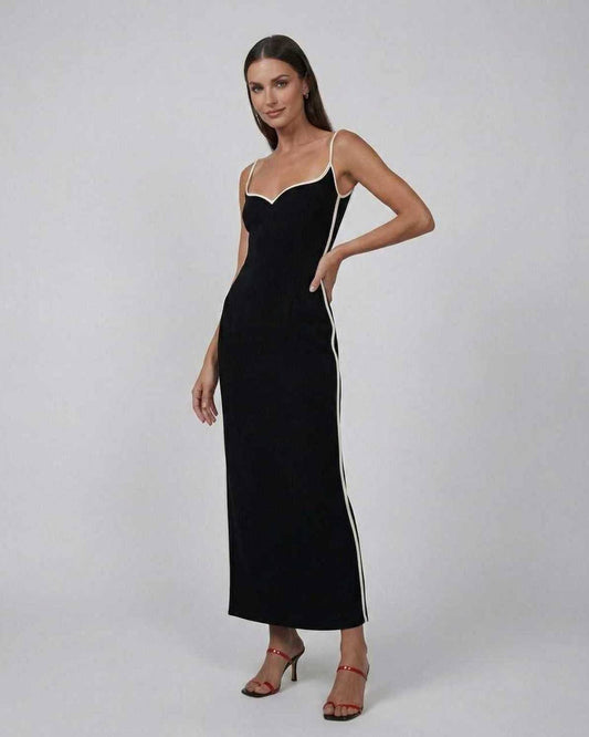 Orion Midi Dress by Lauven - Sleek black slim fit V-neck dress with contrast piping.