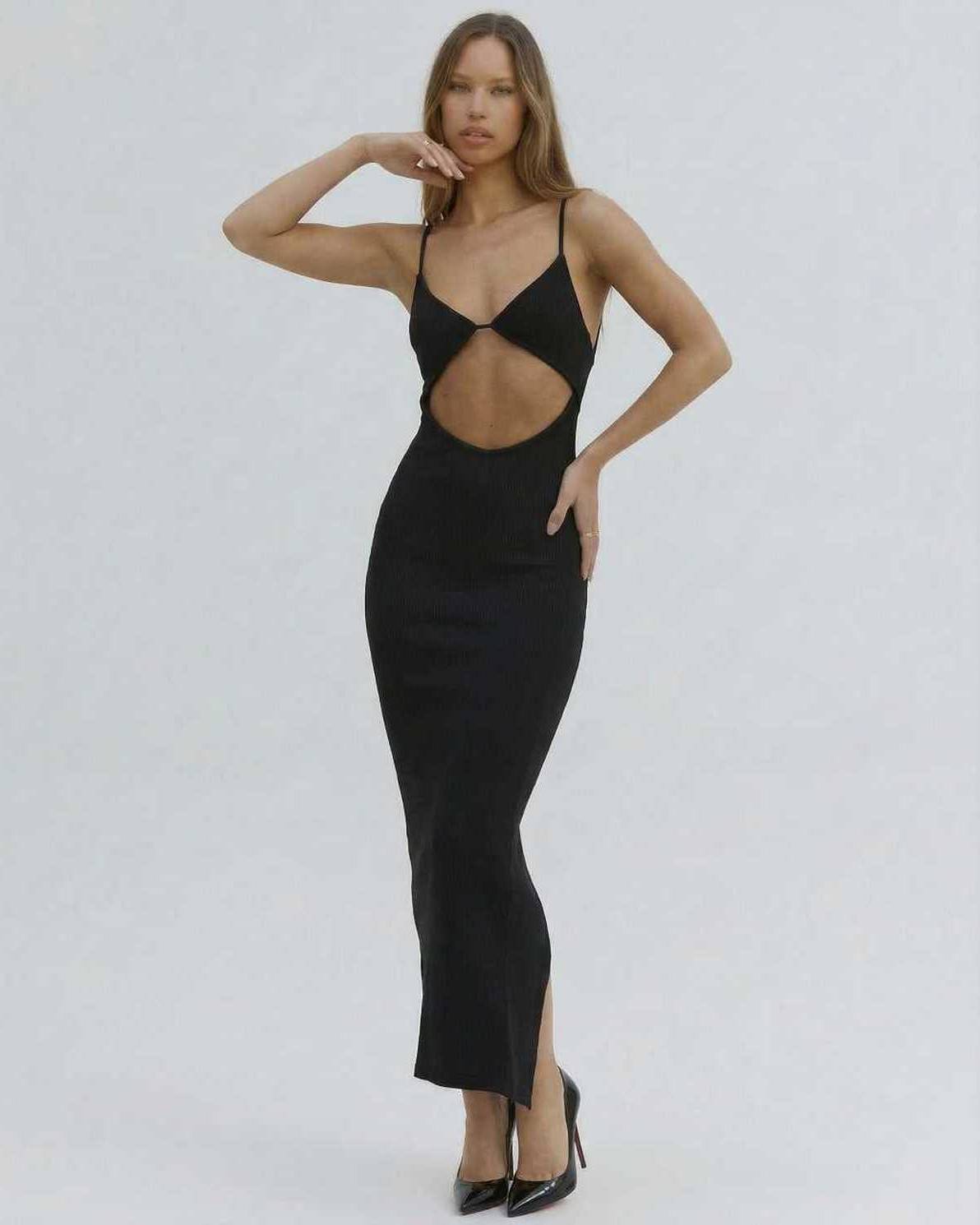 Orion Midi Dress by Lauven - Sexy cut-out V-neck dress in black, perfect for summer and club occasions.