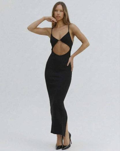 Orion Midi Dress by Lauven - Sexy cut-out V-neck dress in black, perfect for summer and club occasions.