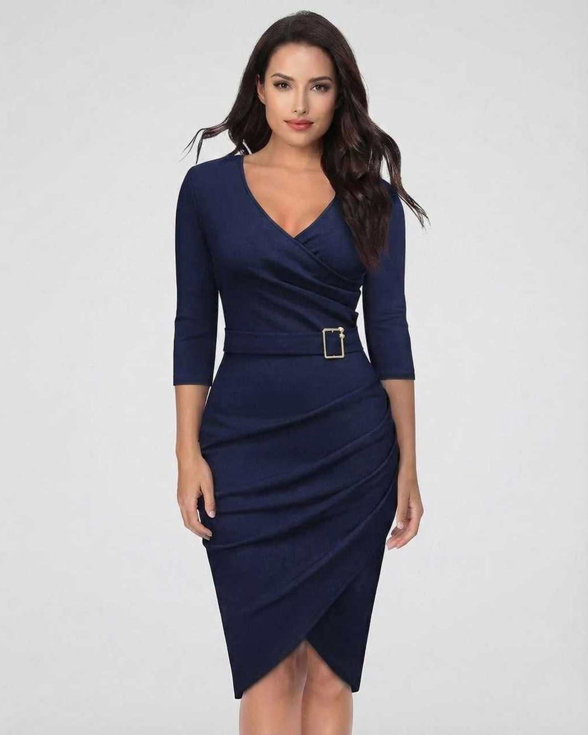 Orion Midi Dress by Lauven - Classic navy V-neck sheath dress featuring a belted waist and three-quarter sleeves.