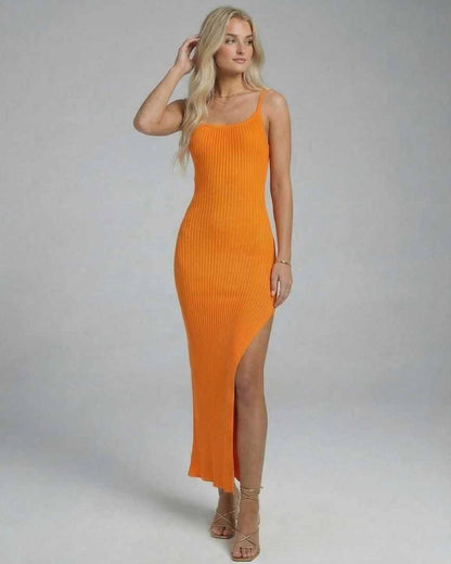 Orion Midi Dress by Lauven, sleek orange knitted camisole dress with high slit, ideal for modern elegance and sophistication.
