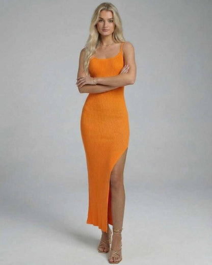 Lauven Orion Midi Dress - Sleek orange knitted camisole dress with high slit and slim fit silhouette.