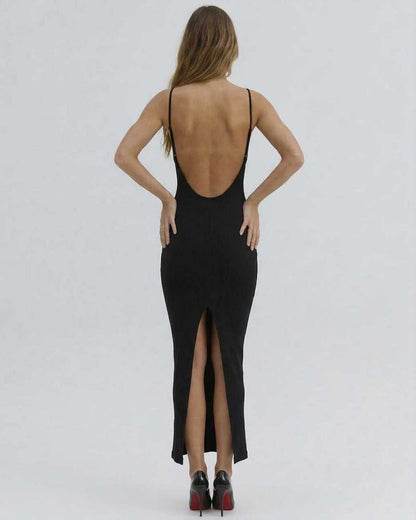 Back view of Lauven's Orion Midi Dress, a sexy, cut-out V-neck dress showcasing a slim-fit silhouette.