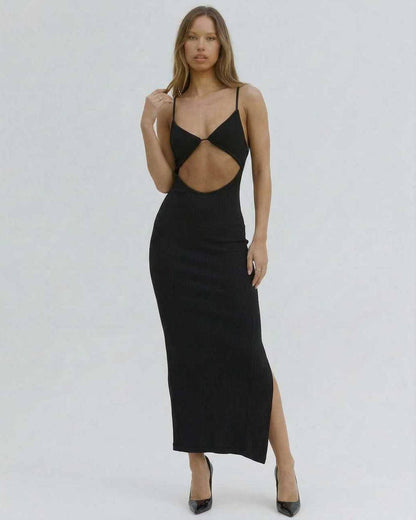 Orion Midi Dress by Lauven, sexy black cut-out v-neck dress, perfect for summer club outings.
