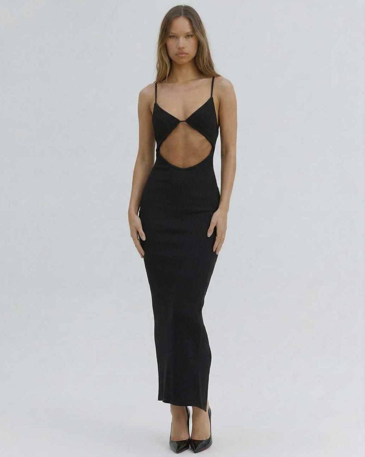 Orion Midi Dress by Lauven, a sexy black cut-out dress with V-neck design, perfect for club-ready summer nights.