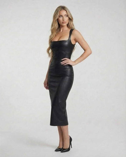 Orion Midi Dress by Lauven showcasing sleek leather elegance with a slim-fit silhouette and square neckline.