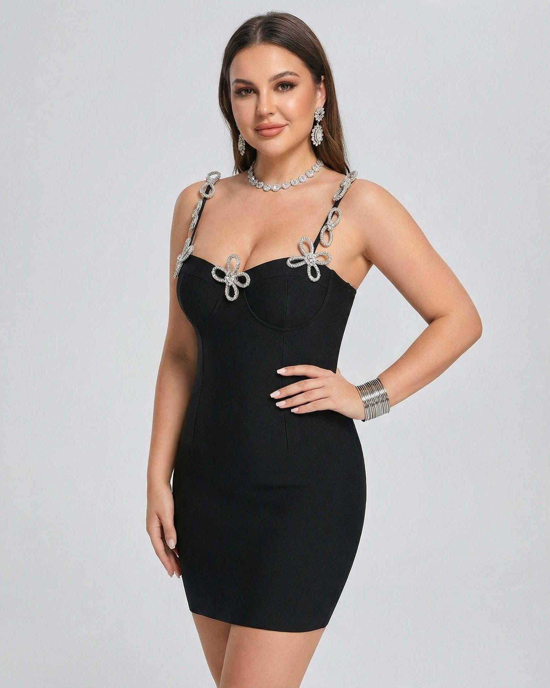 Orion Mini Dress by Lauven - stylish black mini dress featuring crystal straps and a sleek sheath silhouette.