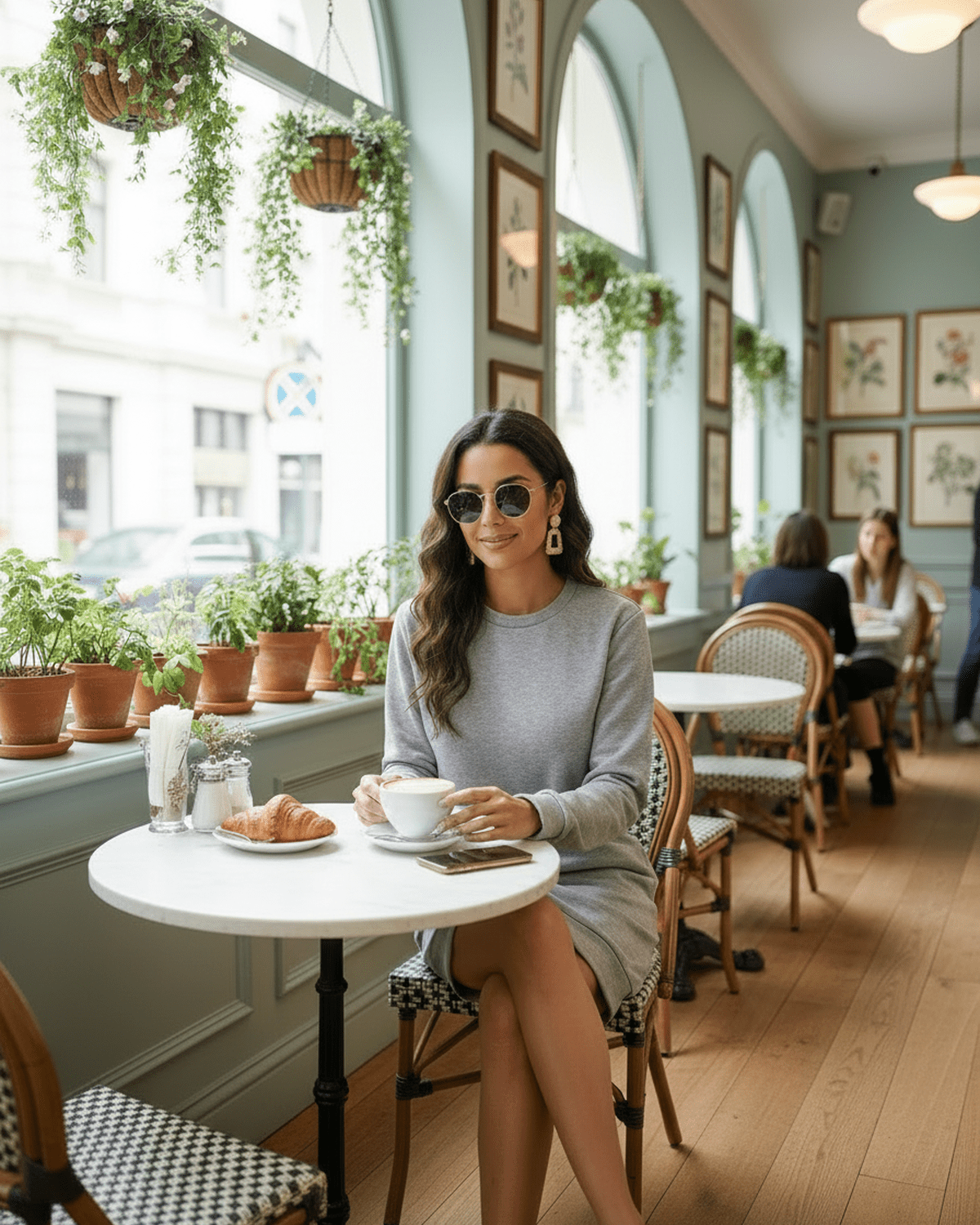 Woman in Orion Mini Dress enjoying coffee in a cafe with plants, wearing sunglasses and relaxed style.