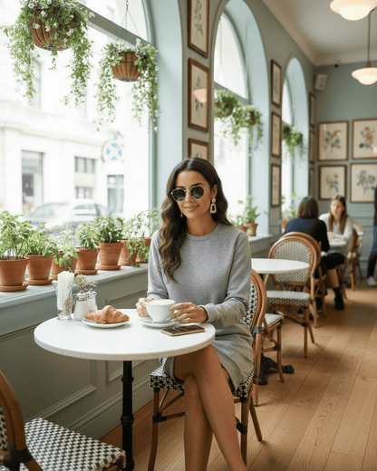 Woman in Orion Mini Dress enjoying coffee in a cafe with plants, wearing sunglasses and relaxed style.