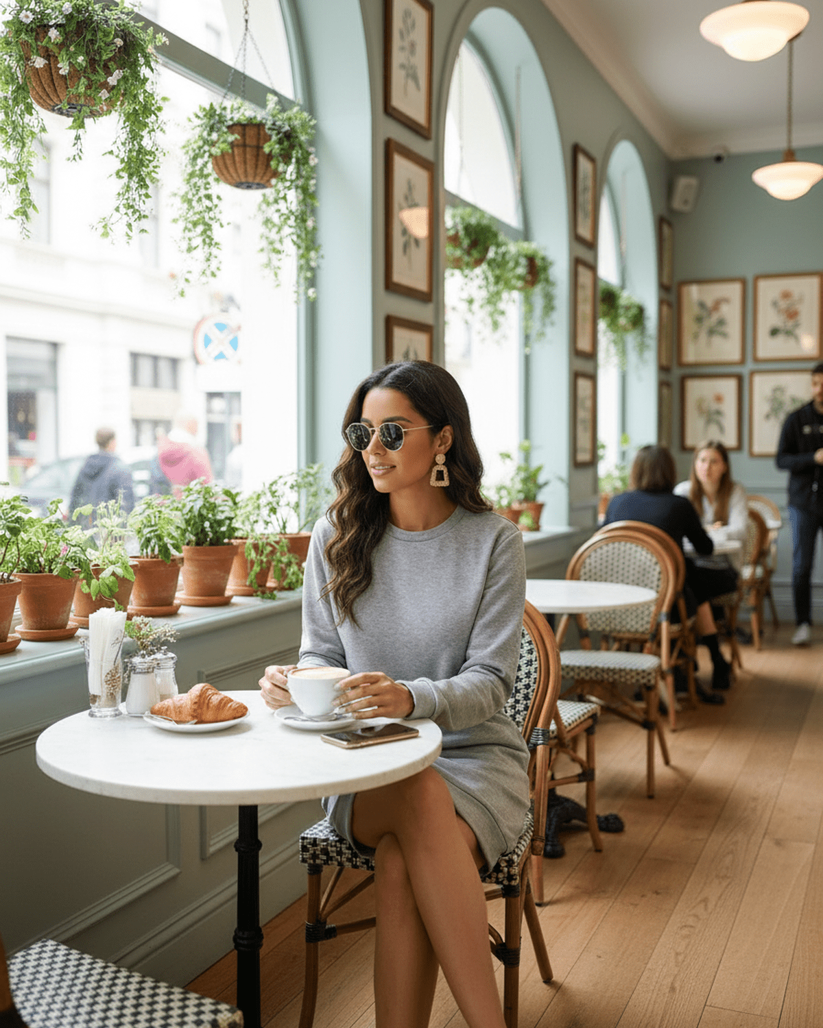 Woman in Orion Mini Dress by Lauven enjoying coffee in a cafe surrounded by plants.