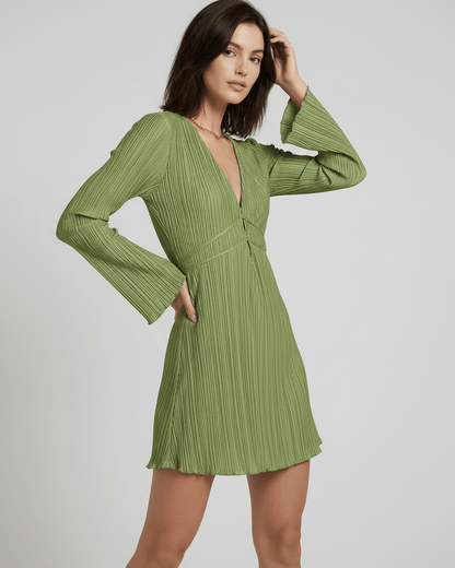 Orion Mini Dress by Lauven, elegant olive green pleated mini dress with long sleeves and a deep V-neckline.