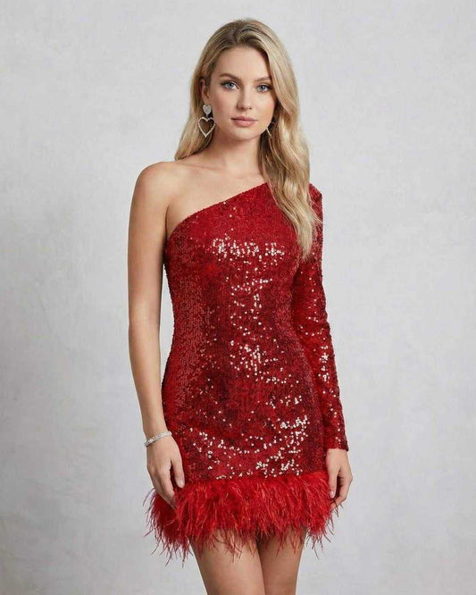 Orion Mini Dress by Lauven, one shoulder sequin mini dress with feather hem in vibrant red.