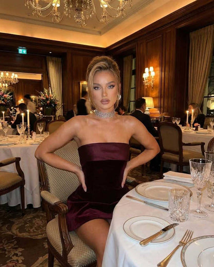 Orion Mini Dress by Lauven, luxurious strapless velvet in burgundy, perfect for refined occasions, with a soft, sleek feel.