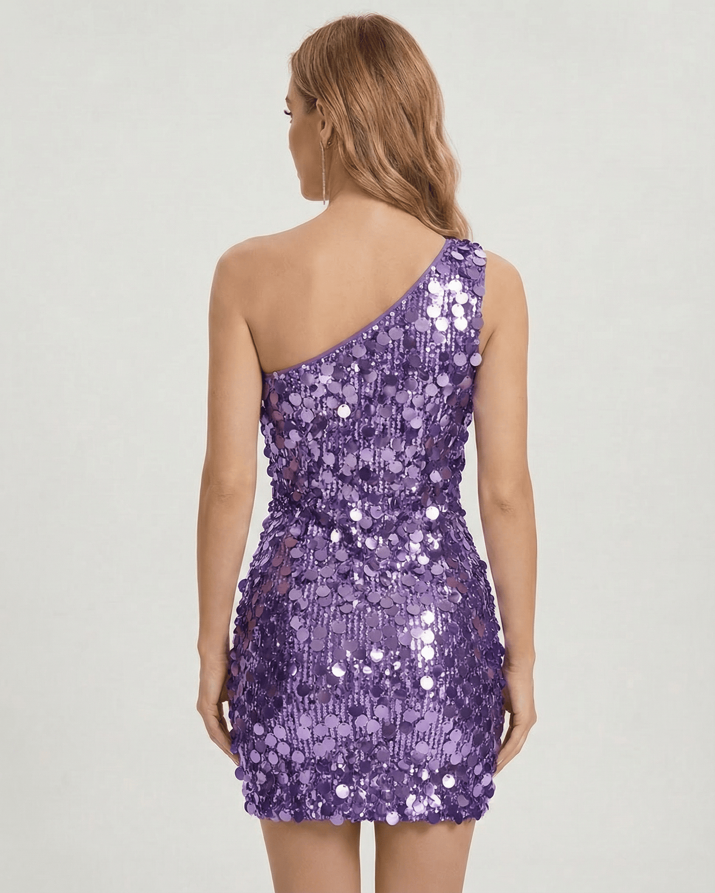 Orion Mini Dress by Lauven, one shoulder sequin mini dress in rich purple, bodycon silhouette, glamorous evening wear.