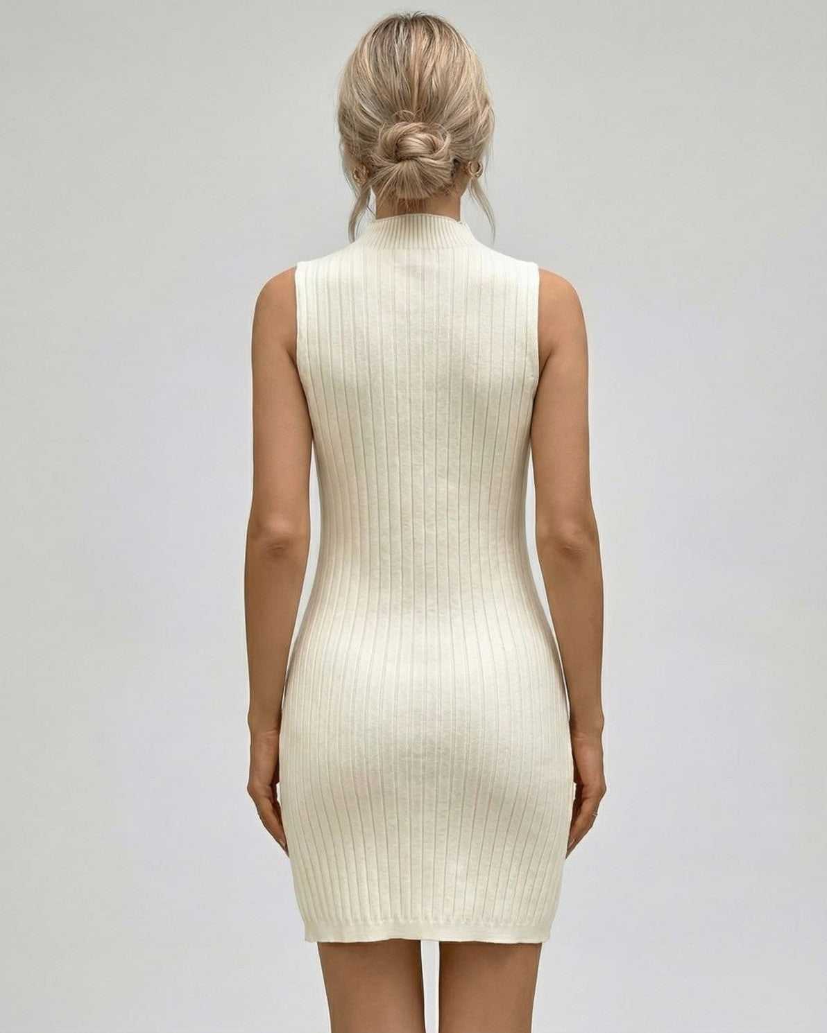 Orionis Mini Dress by Lauven - Ribbed Sleeveless Turtleneck Mini Dress in soft white, showcasing a structured fit.