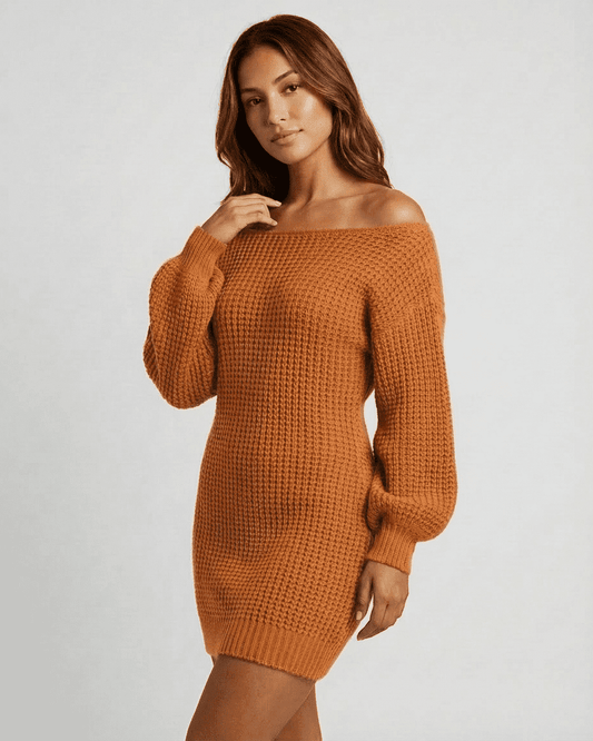 Orla Mini Dress by Lauven featuring a ribbed knit off-the-shoulder design and lantern sleeves in vibrant orange.