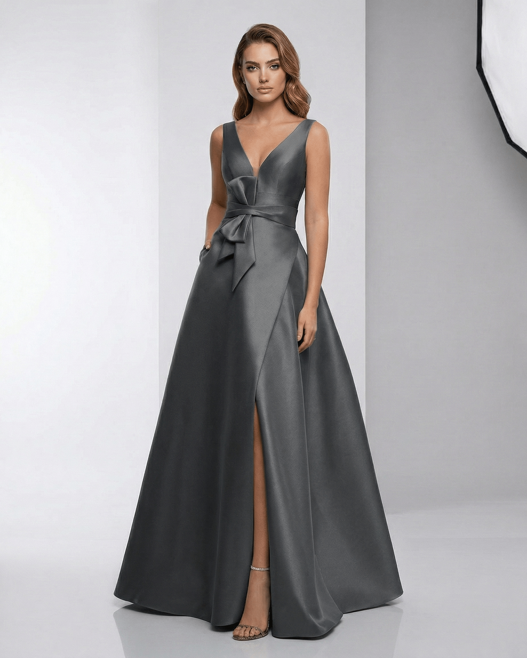 Orlena Maxi Dress featuring a charcoal satin A-line silhouette with a V-neckline and elegant flowing skirt by Lauven.
