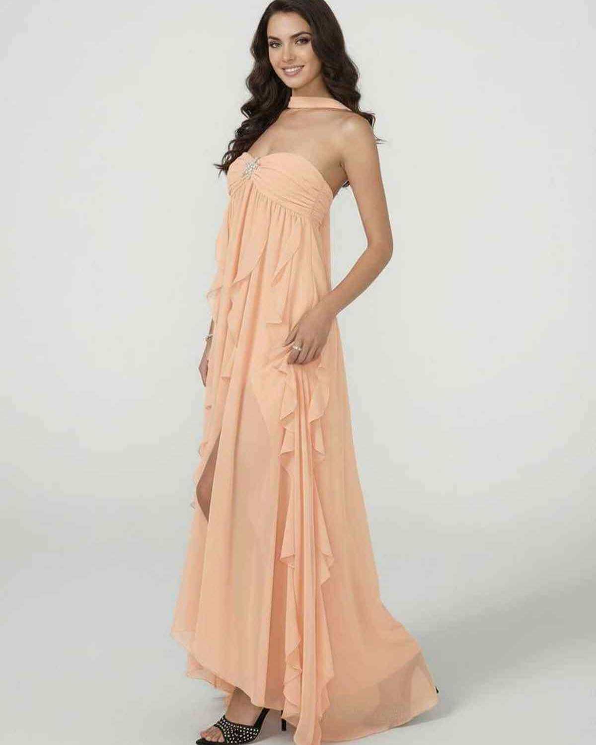 Peachira Maxi Dress by Lauven - Elegant strapless ankle-length gown with ruffle detail in peach.