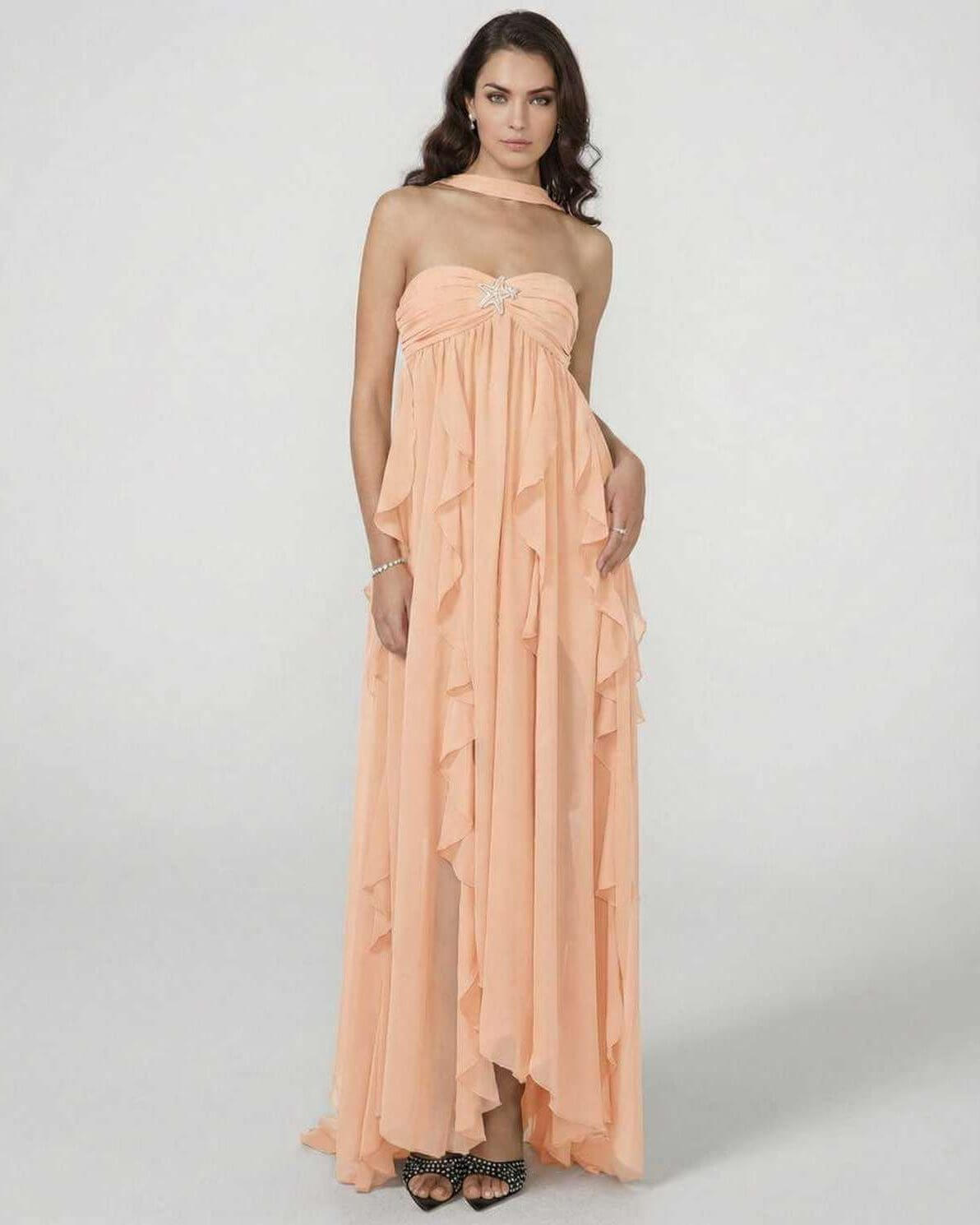 Peachira Maxi Dress by Lauven – Elegant strapless gown with ruffle details in soft peach shade.