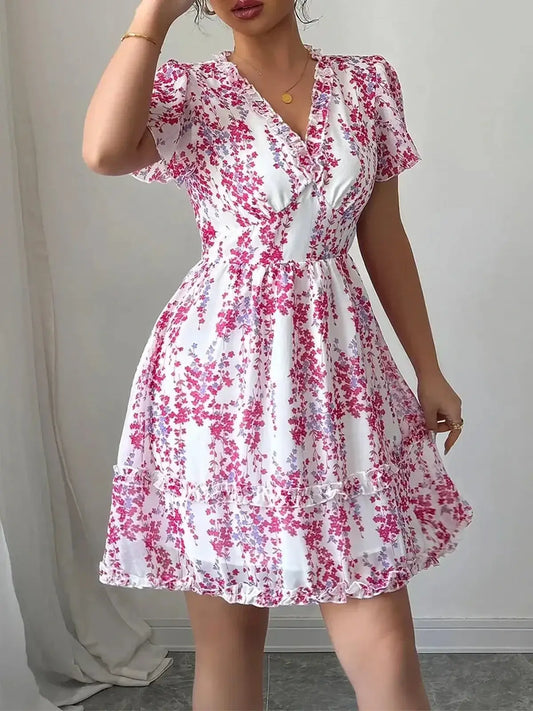 Floral Petal Kiss Mini Dress with ruffled deep V-neckline and fluttering sleeves, perfect for summer occasions.