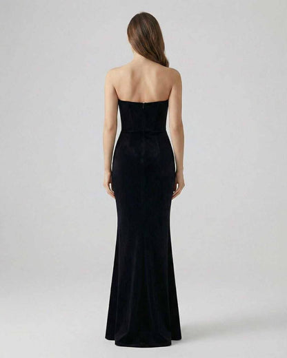 Elegant back view of the Celeste Maxi Dress by Lauven, a strapless black velvet evening gown with a timeless silhouette.