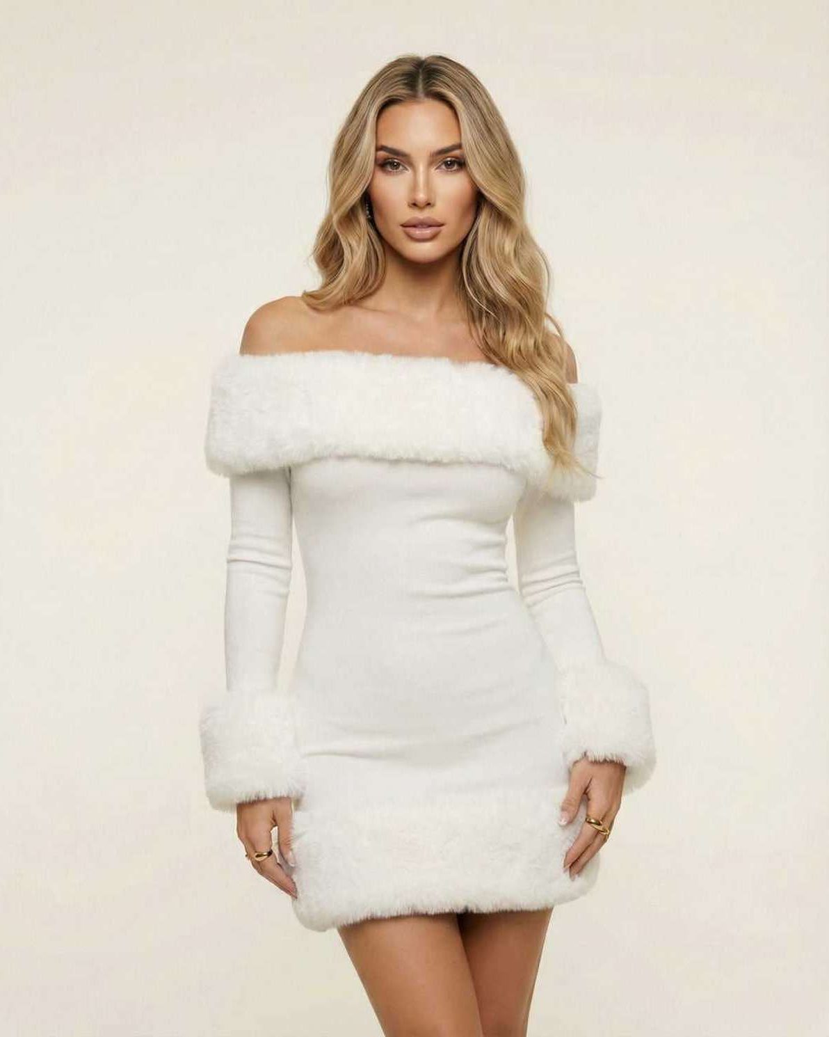 Nova Mini Dress by Lauven featuring luxe faux fur trim in crisp white, off-shoulder neckline, and fitted silhouette.