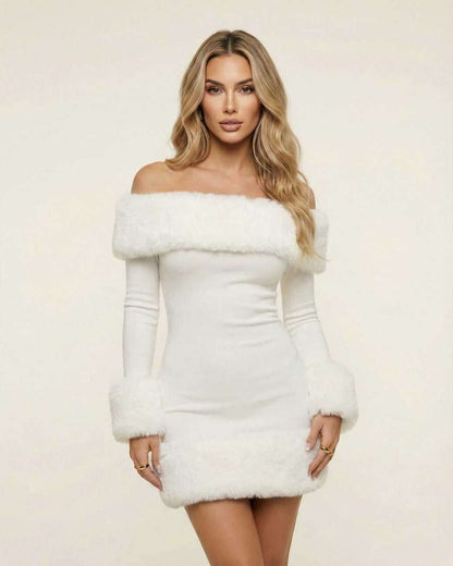 Nova Mini Dress by Lauven featuring luxe faux fur trim in crisp white, off-shoulder neckline, and fitted silhouette.