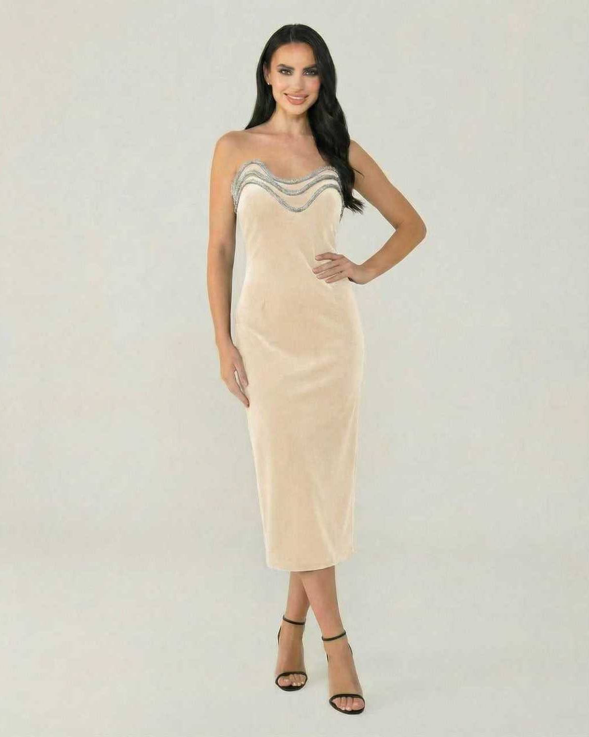 Luna Midi Dress by Lauven, chic beige velvet evening wear with strapless neckline and shimmering trim.
