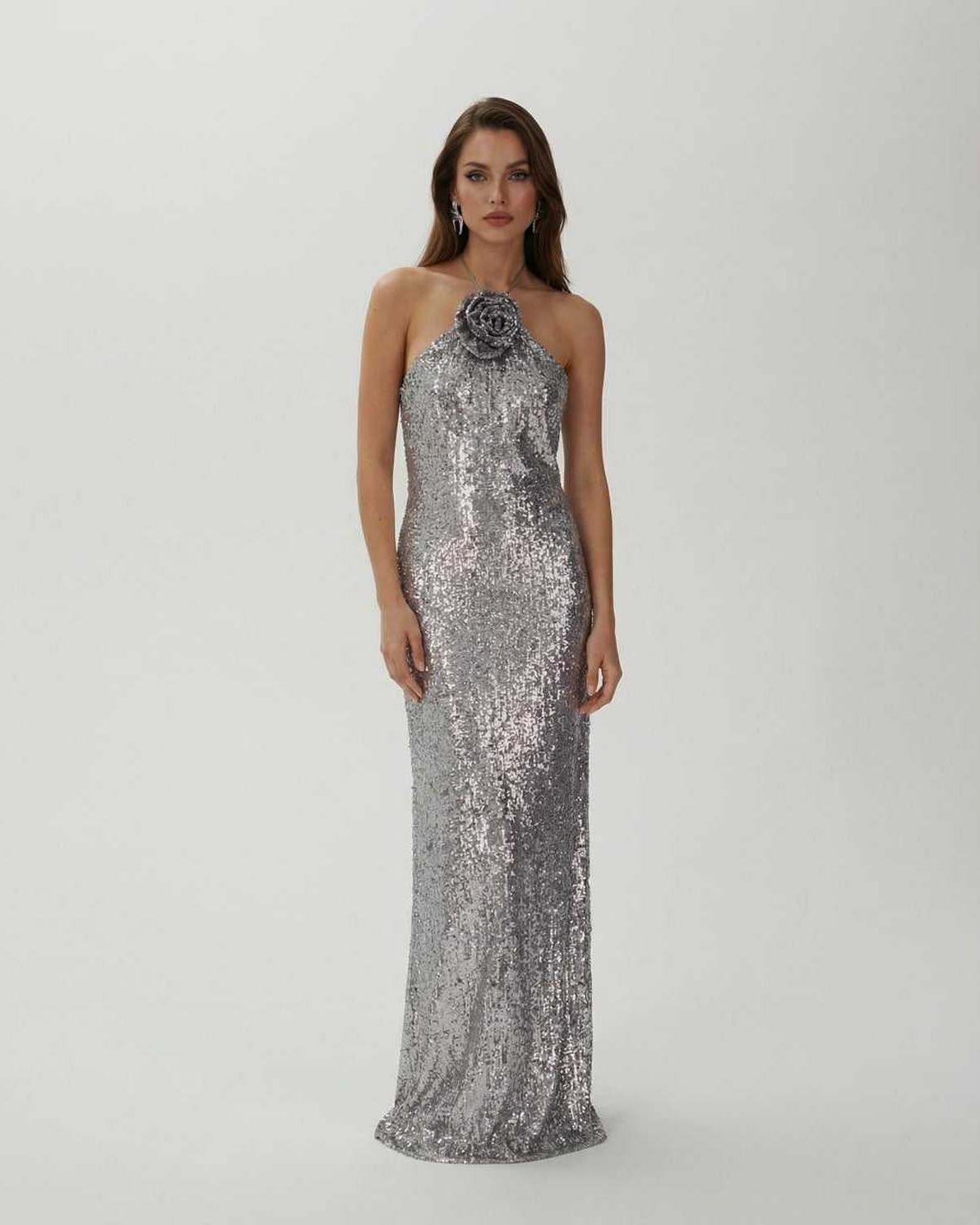 Lunaria Maxi Dress by Lauven, stunning silver sequin halter gown with floral detail for elegant evening wear.