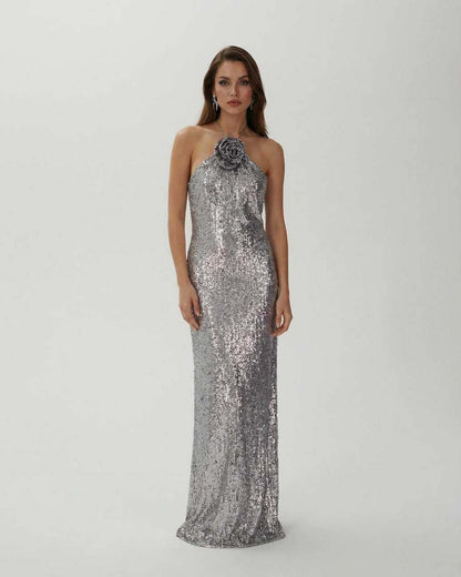 Lunaria Maxi Dress by Lauven, stunning silver sequin halter gown with floral detail for elegant evening wear.