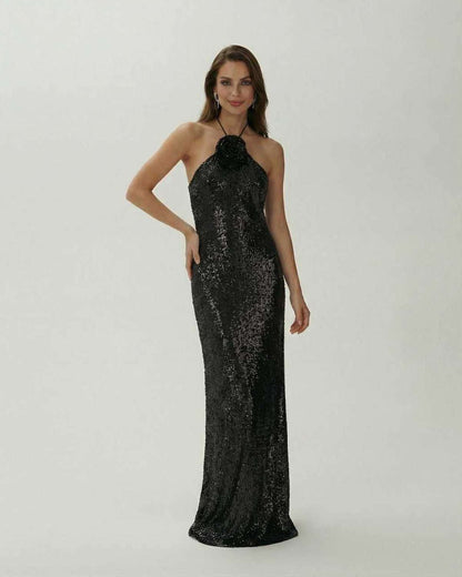 Elegant Noctura Maxi Dress by Lauven, featuring black sequin halter design, perfect for evening events.