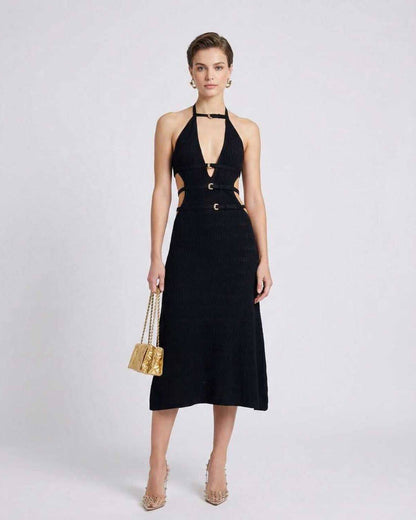 Nova Midi Dress by Lauven - Sleek black A-line dress with V-neckline and cut-out details, perfect for evening wear.
