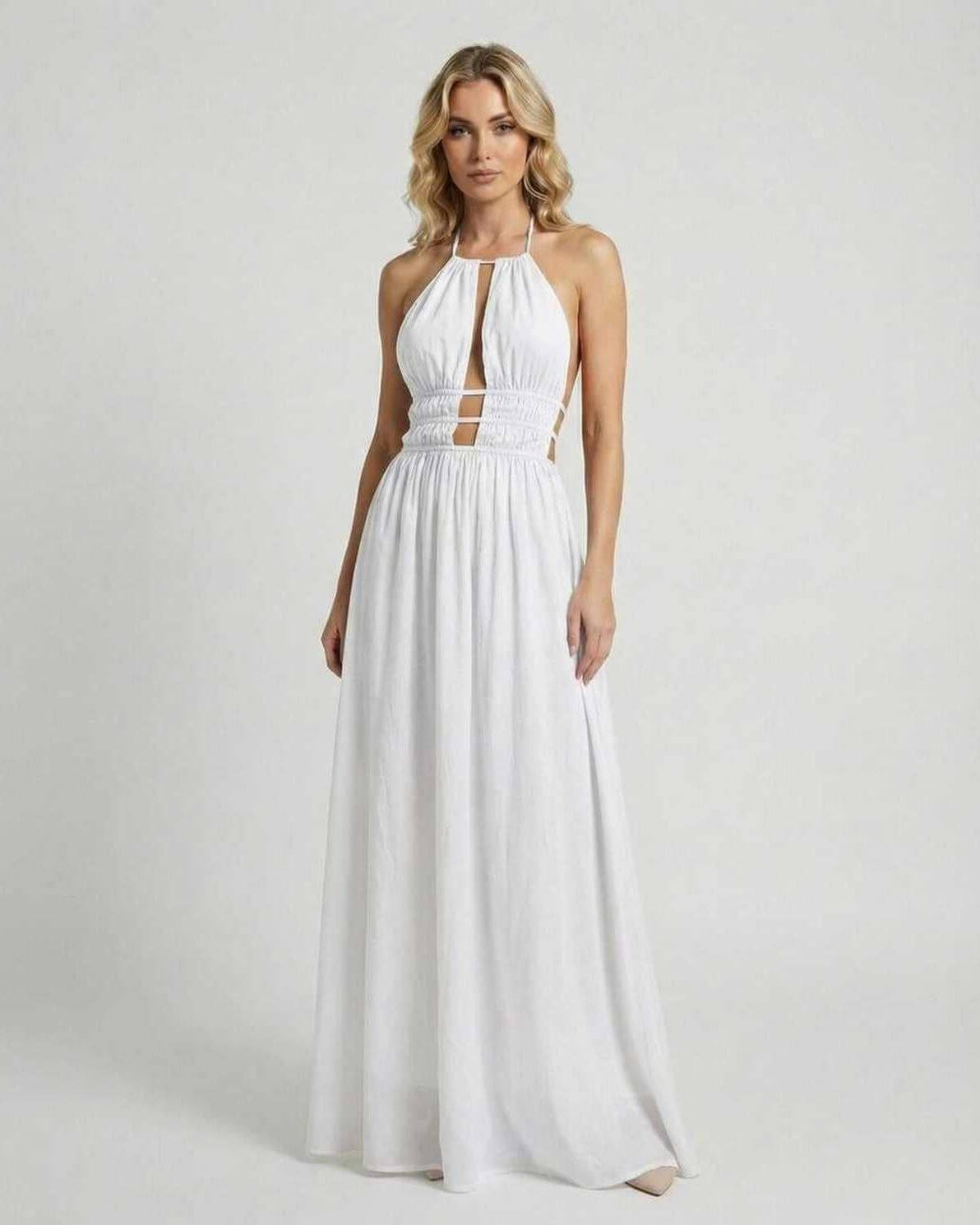 Elegant Marina Maxi Dress by Lauven featuring a halter neck and sleek white silhouette, perfect for upscale events.