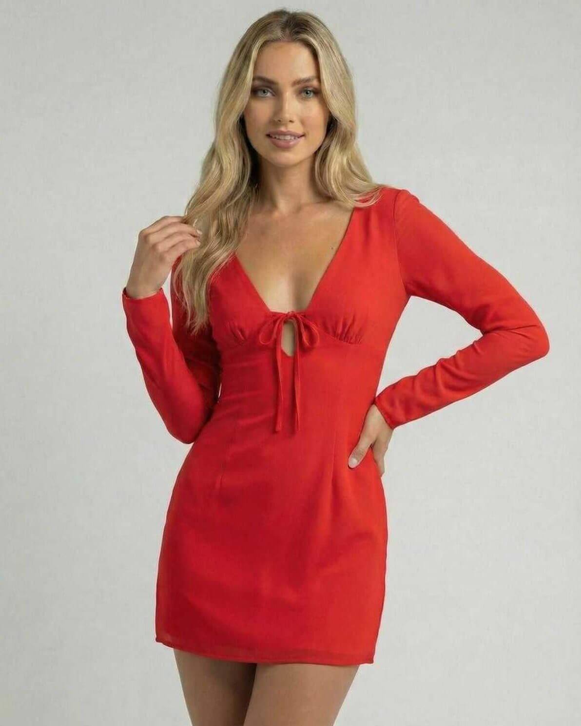 Lauven Scarlet Mini Dress in vibrant red with deep V-neckline and tie detail, showcasing a sleek silhouette.