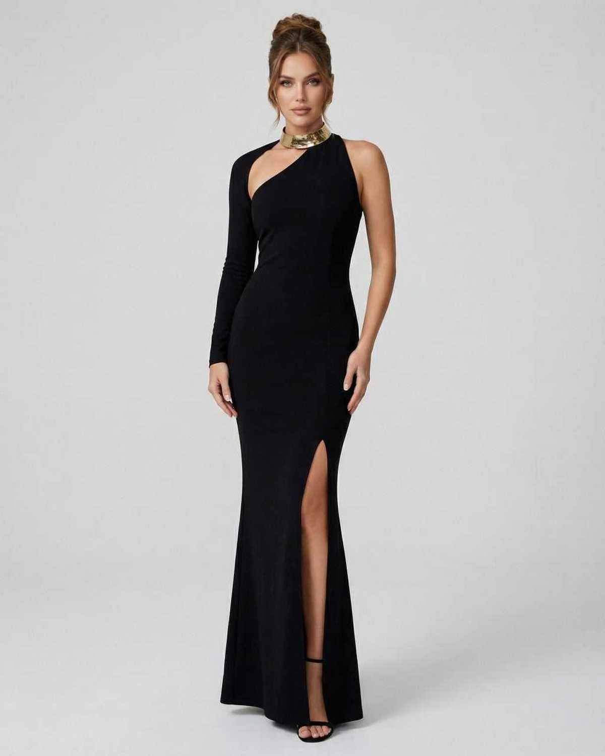 Mirella Maxi Dress by Lauven – Black Asymmetrical One-Shoulder Slim Fit Pencil Dress with a Side Slit