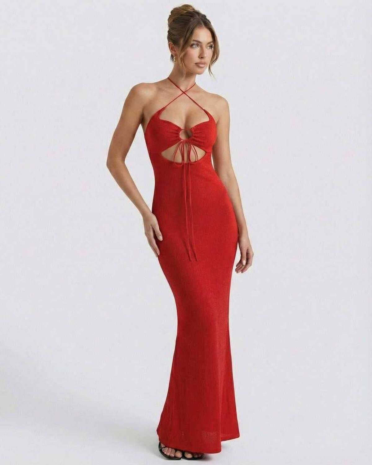 Marina Maxi Dress by Lauven - Bold red halter neck knitted maxi dress with cutouts, showcasing a sexy and sophisticated look.