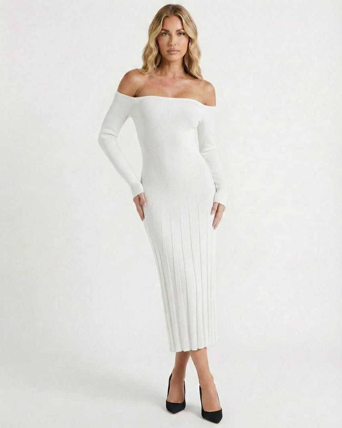 Nova Midi Dress by Lauven - Elegant off-shoulder white knit dress with ribbed texture for modern luxury.
