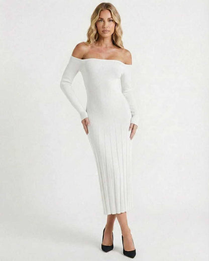 Nova Midi Dress by Lauven - Elegant off-shoulder white knit dress with ribbed texture for modern luxury.