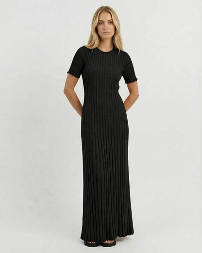 Luna Maxi Dress by Lauven - Elegant black ribbed knit maxi dress featuring a fitted bodice and short sleeves.