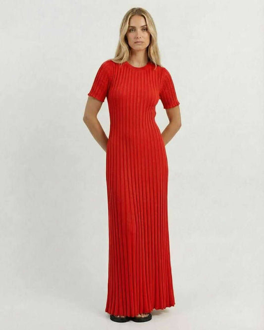 Scarlet Maxi Dress by Lauven, vibrant red ribbed knit maxi dress showcasing a fitted silhouette and short sleeves.